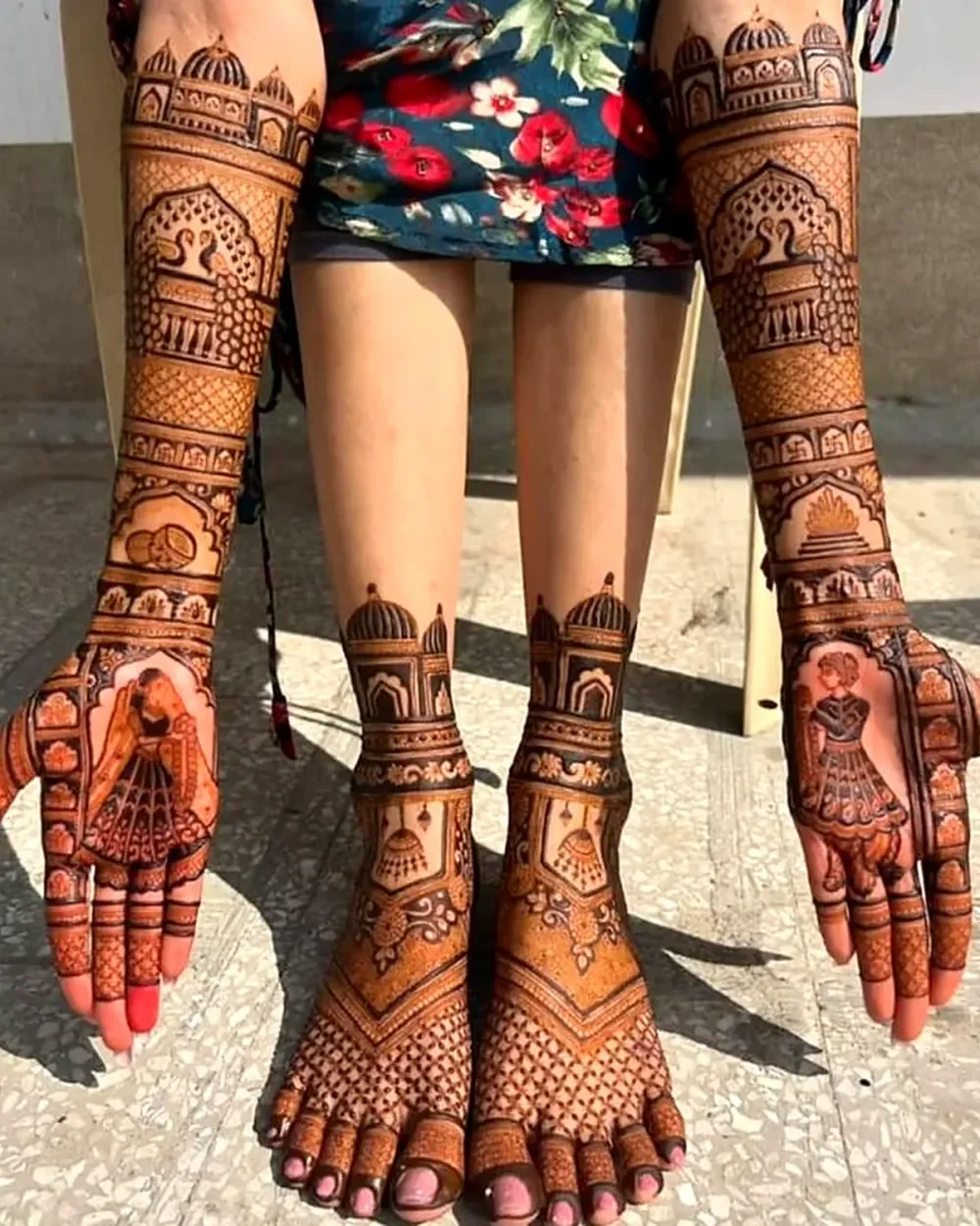 Bridal henna on hands and feet with dome border and couple figures