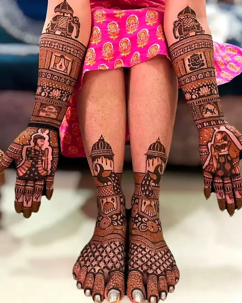 Complete bridal mehndi on both hands and feet with couple figures on the palms