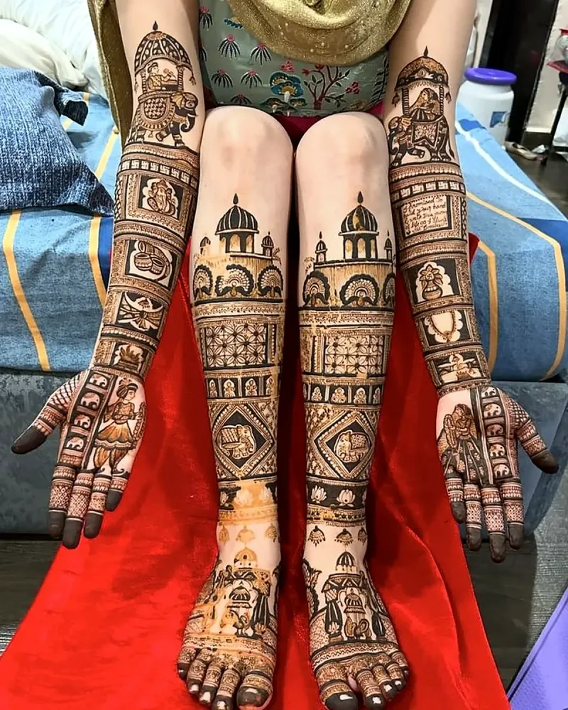 Full bridal mehndi from palms to feet with palace and Ganesh motifs