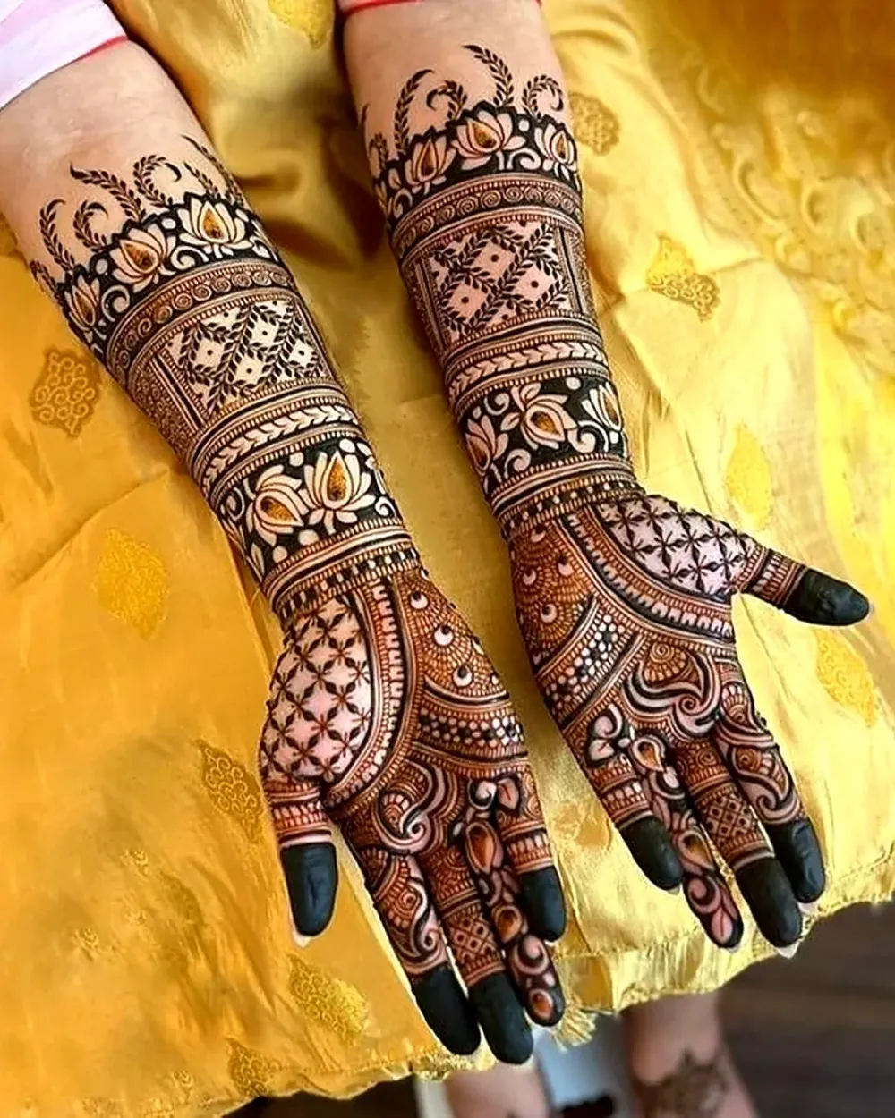 Bridal henna with floral border and fine jaal work on both hands