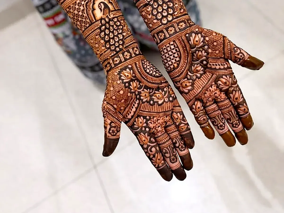 Bridal henna on full arms with lotus border and peacock on the palm