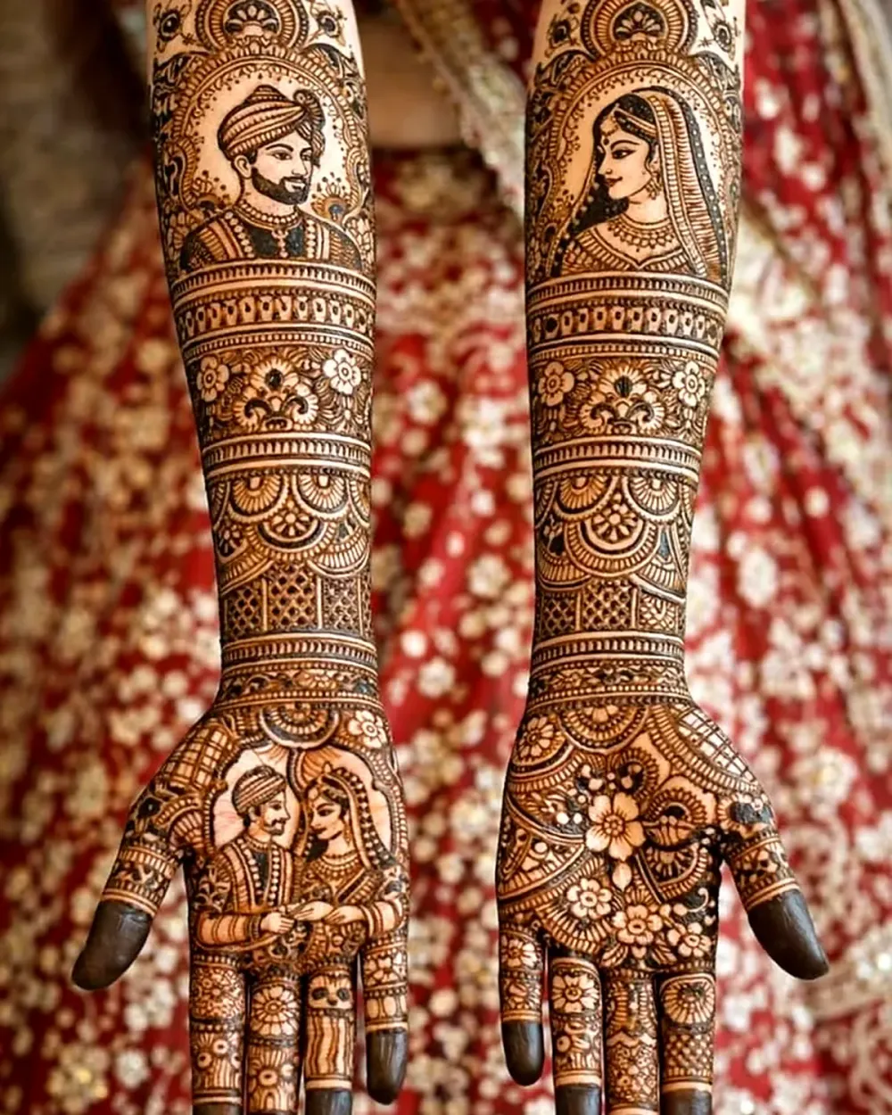 Bride and groom portrait mehendi on both forearms with floral jaal, Chandigarh