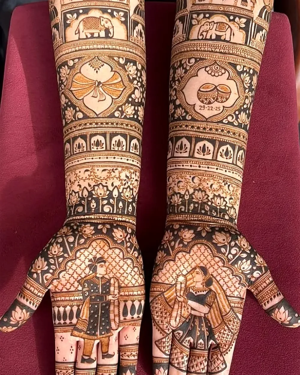 Bridal mehandi with palace, elephant and dulha dulhan figures on the palms, Chandigarh