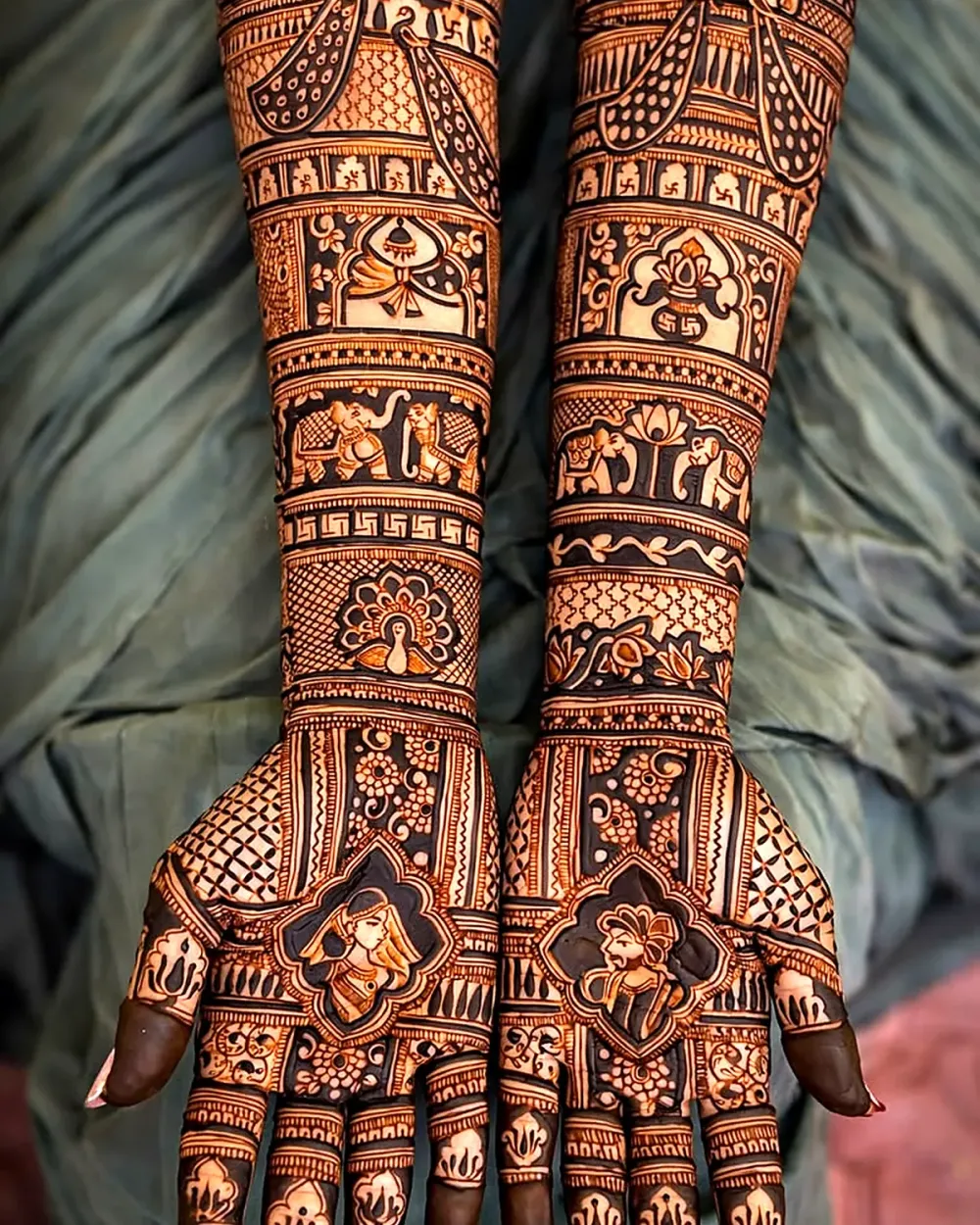 Full arm bridal mehndi with peacock, elephant and palace border, Chandigarh