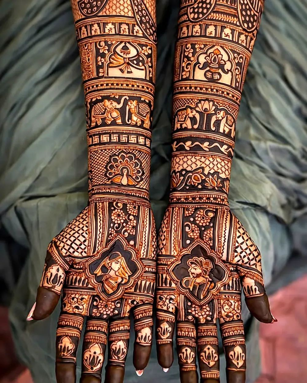 Full arm bridal mehndi with peacock, elephant and palace border, Chandigarh