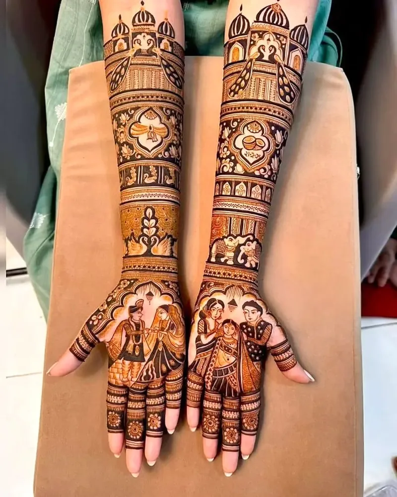 Couple scene henna on the palms with dome and peacock on the arms