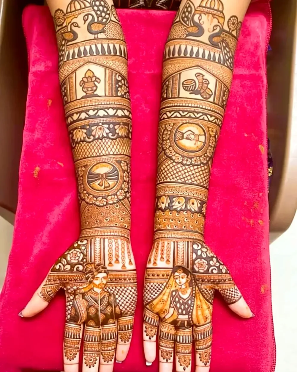Bride and groom mehendi on the palms with palace and kalash on the arms