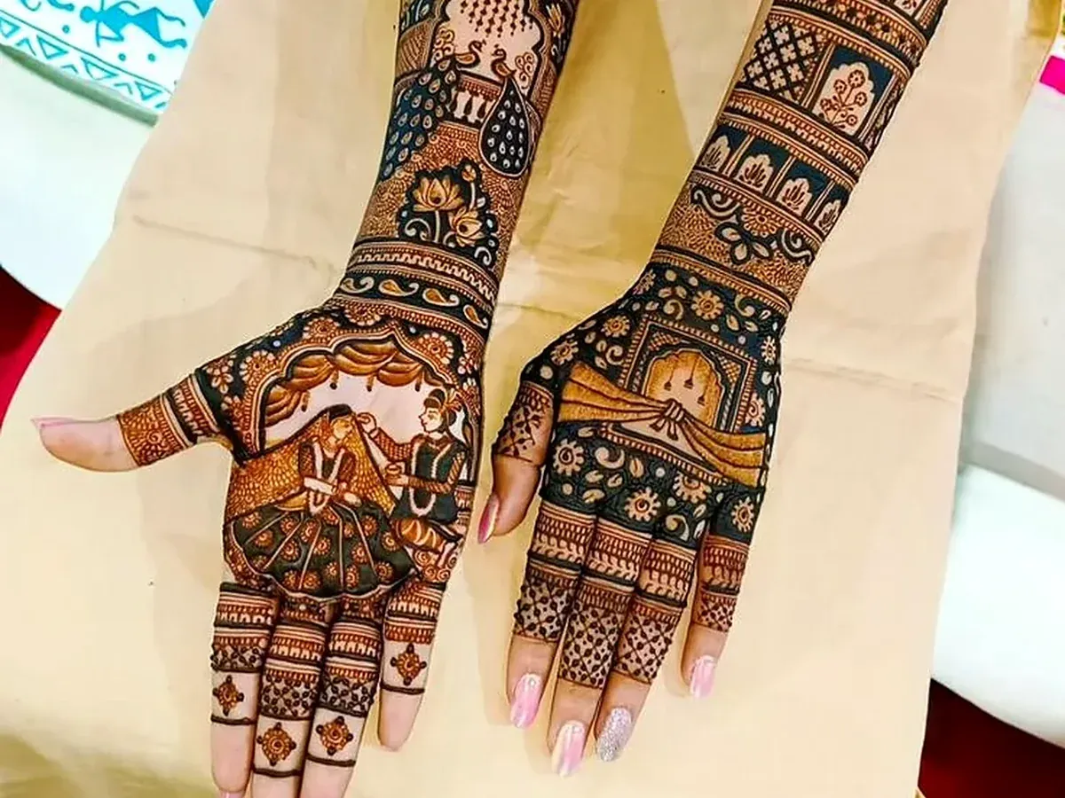 Navratri garba couple mehndi on the palms with palace arm design