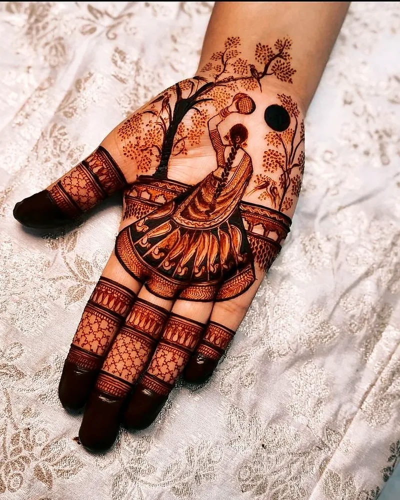 Karwa Chauth henna with a woman, a tree and the moon drawn on the palm